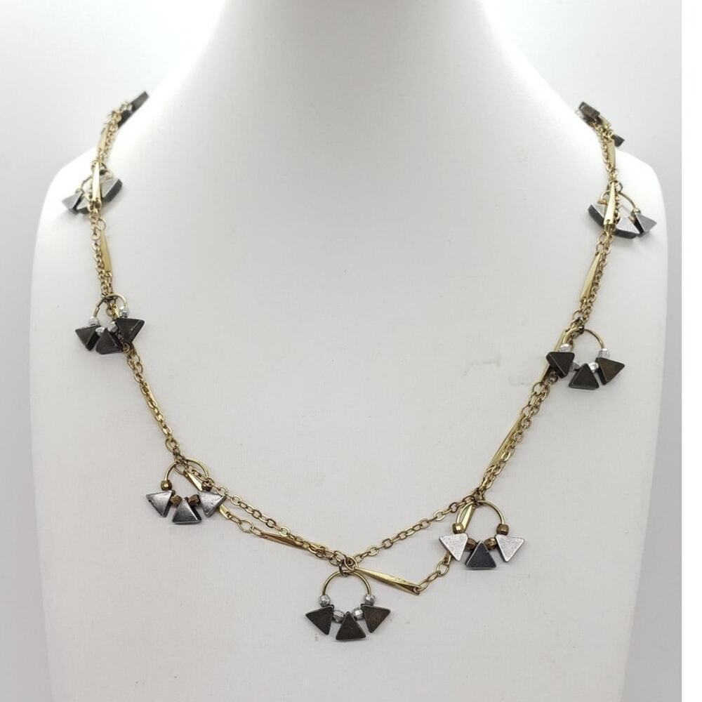 Vintage Geometric Charm Necklace Double Chain Mixed Metal MCM Brutalist